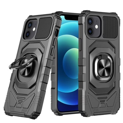 For iPhone 13 Mini 5.4 Robotic Hybrid with Magnetic Ring Stand Case Cover - Black