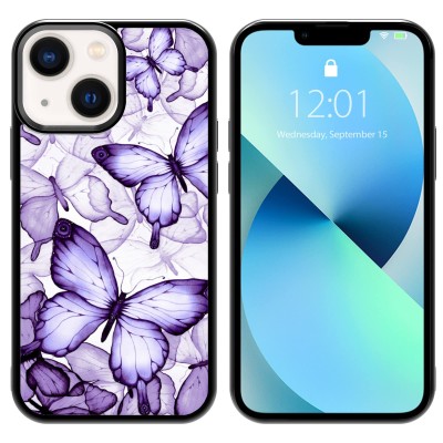For iPhone 13 Mini 5.4 Trendy Fashion Design Hybrid Case Cover - Butterfly Floral on Purple