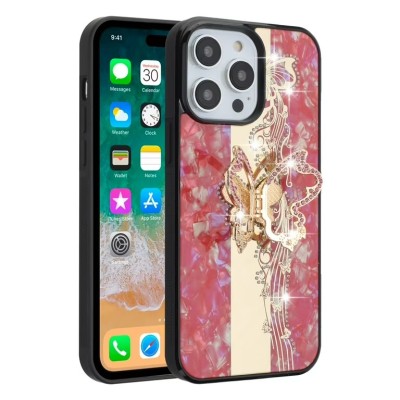 For iPhone 13 Mini 5.4 Trendy Fashion Design Hybrid Case Cover - Butterfly Floral on Red
