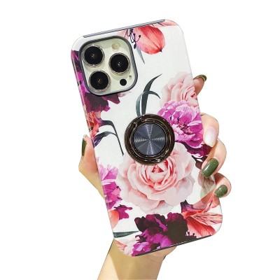 For iPhone 13 Pro AMAZE Floral IMD Hybrid with Magnetic Ring Stand Case Cover - C