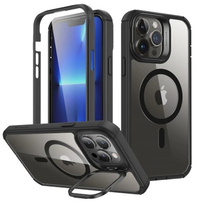 For iPhone 13 Pro Aluminium Alloy Magnetic Ring Stand Hybrid Case Cover - Black
