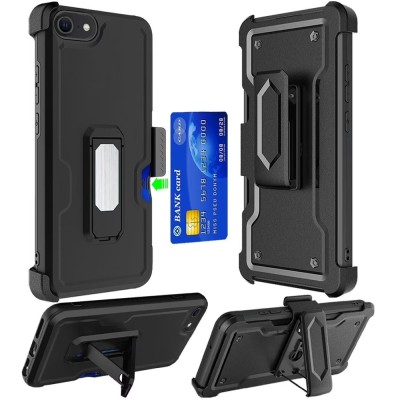 For iPhone 13 Pro CARD Holster with Kickstand Clip Hybrid Case Cover - Black