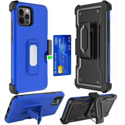 For iPhone 13 Pro CARD Holster with Kickstand Clip Hybrid Case Cover - Dark Blue