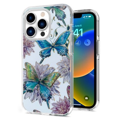 For iPhone 13 Pro Carbonara IMD Design Hybrid Case Cover - Blue with Flowers