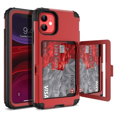 For iPhone 13 Pro Card Holder (Upto 2) with Mirror Hybrid Shockproof Case Cover - Red
