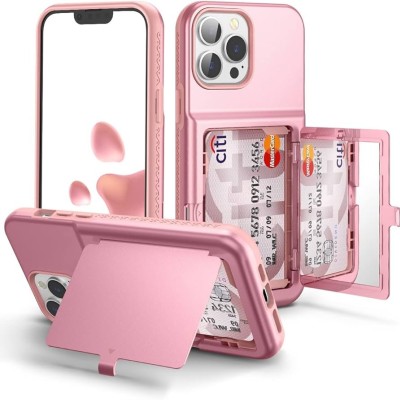 For iPhone 13 Pro Card Holder (Upto 2) with Mirror Hybrid Shockproof Case Cover - Rose Gold