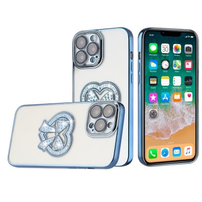 For iPhone 13 Pro Chromed Logo Bling Glitter Ornaments Transparent Hybrid Case Cover - BowKnot Blue