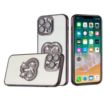 For iPhone 13 Pro Chromed Logo Bling Glitter Ornaments Transparent Hybrid Case Cover - BowKnot Midnight Green