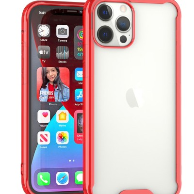 For iPhone 13 Pro Colored Shockproof Transparent Hard PC TPU Hybrid Case Cover - Clear/Red