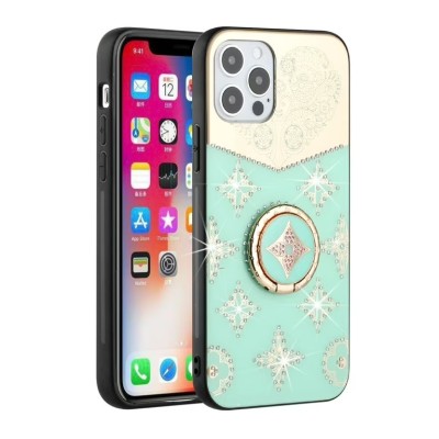 For iPhone 13 Pro Crystal Diamond Bling Magnetic Ring Stand Case Cover - Floral E