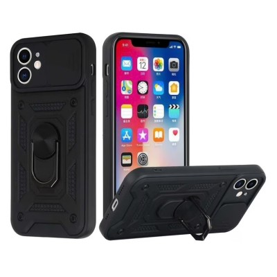 For iPhone 13 Pro DISCOVER Ring Stand Hybrid With Slide Camera Cover Case - Black