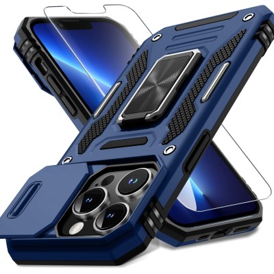 For iPhone 13 Pro DISCOVER Ring Stand Hybrid With Slide Camera Cover Case - Navy Blue