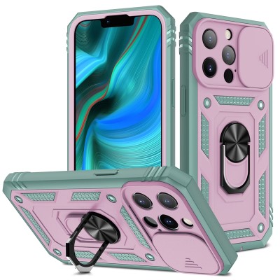 For iPhone 13 Pro DISCOVER Ring Stand Hybrid With Slide Camera Cover Case - Teal/Pink