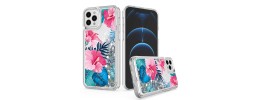 For iPhone 13 Pro Design Water Quicksand Glitter Case Cover - Rose Pink White Flower