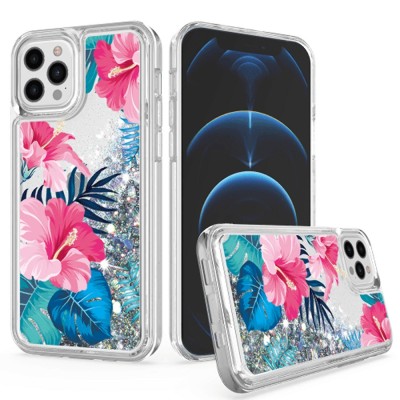 For iPhone 13 Pro Design Water Quicksand Glitter Case Cover - Rose Pink White Flower