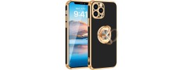 For iPhone 13 Pro Electroplated Chrome Textured Marble TPU Design with Ring Stand - Black