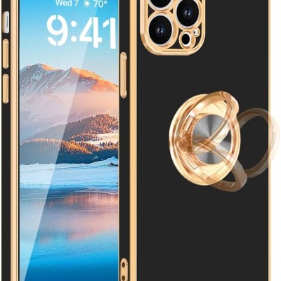 For iPhone 13 Pro Electroplated Chrome Textured Marble TPU Design with Ring Stand - Black