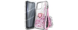 For iPhone 13 Pro Electroplated Chrome Textured Marble TPU Design with Ring Stand - Pink