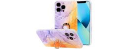 For iPhone 13 Pro Electroplated Chrome Textured Marble TPU Design with Ring Stand - Purple
