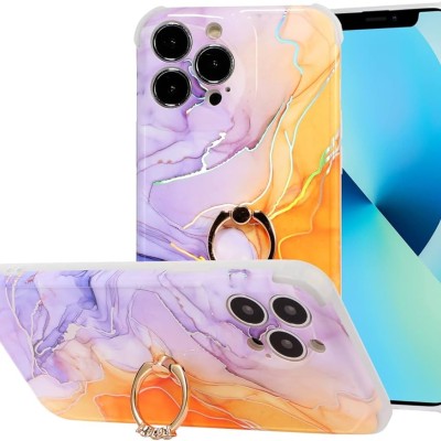 For iPhone 13 Pro Electroplated Chrome Textured Marble TPU Design with Ring Stand - Purple