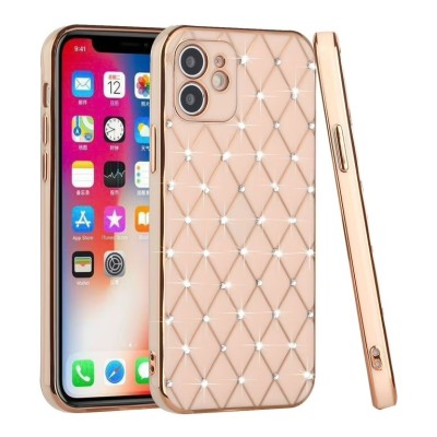 For iPhone 13 Pro Electroplated Grid Diamond Lines TPU Case Cover - Rose Gold