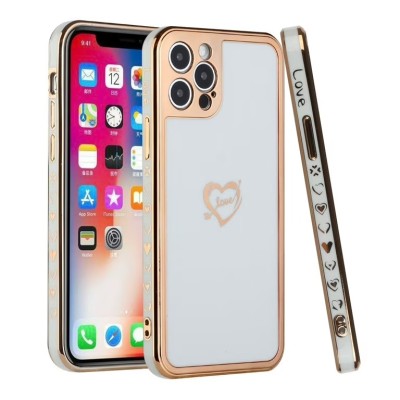 For iPhone 13 Pro Electroplated Hearts Love Sign Chrome TPU Case Cover - White
