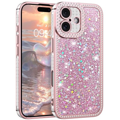 For iPhone 13 Pro Embroidery Bling Glitter Chrome Hybrid Case Cover - BEACH on Pink