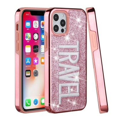 For iPhone 13 Pro Embroidery Bling Glitter Chrome Hybrid Case Cover - Love on Pink