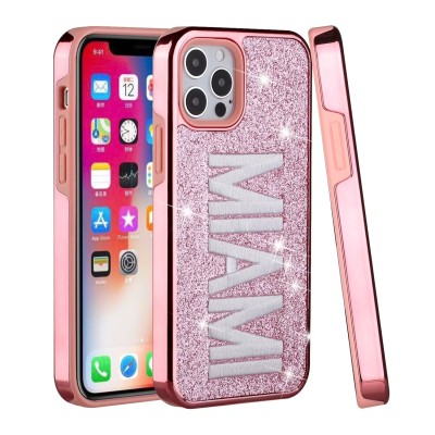 For iPhone 13 Pro Embroidery Bling Glitter Chrome Hybrid Case Cover - NY on Pink