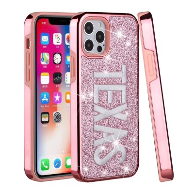 For iPhone 13 Pro Embroidery Bling Glitter Chrome Hybrid Case Cover - TEXAS on Pink