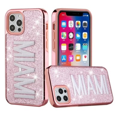 For iPhone 13 Pro Embroidery Bling Glitter Chrome Hybrid Case Cover - VEGAS on Pink