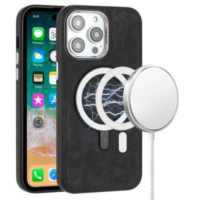For iPhone 13 Pro Fashion Chrome Edged Camera [Magnetic Circle] PU Leather Hybrid - Black