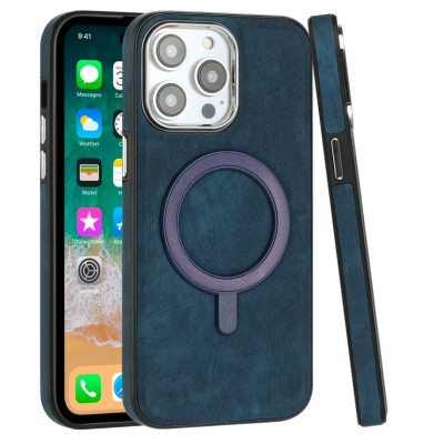 For iPhone 13 Pro Max Fashion Chrome Edged Camera [Magnetic Circle] PU Leather Hybrid - Dark Blue