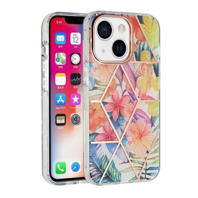 For iPhone 13 Pro Floral IMD Chrome Design Shockproof Hybrid Case Cover - Foral A