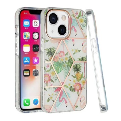 For iPhone 13 Pro Floral IMD Chrome Design Shockproof Hybrid Case Cover - Foral C