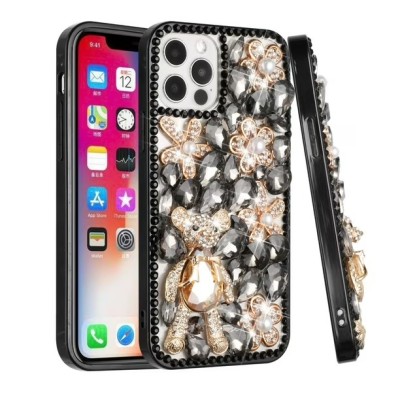 For iPhone 13 Pro Full Diamond with Ornaments Case Cover - Black Panda Floral
