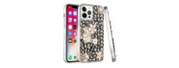 For iPhone 13 Pro Full Diamond with Ornaments Case Cover - Pearl Flowers with Perfume Gold