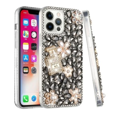 For iPhone 13 Pro Full Diamond with Ornaments Case Cover - Pearl Flowers with Perfume Gold