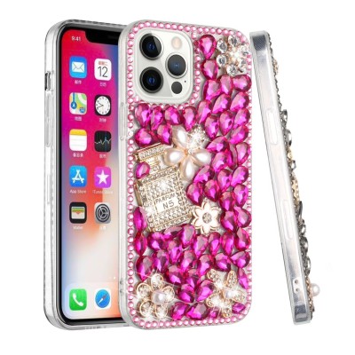 For iPhone 13 Pro Full Diamond with Ornaments Case Cover - Pearl Flowers with Perfume Hot Pink