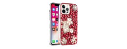 For iPhone 13 Pro Full Diamond with Ornaments Case Cover - Pearl Flowers with Perfume Red