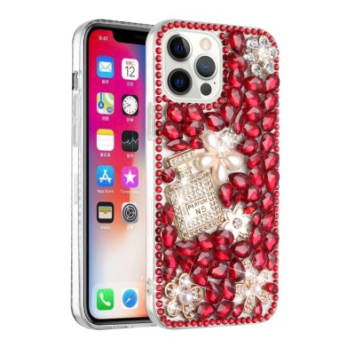 For iPhone 13 Pro Full Diamond with Ornaments Case Cover - Pearl Flowers with Perfume Red