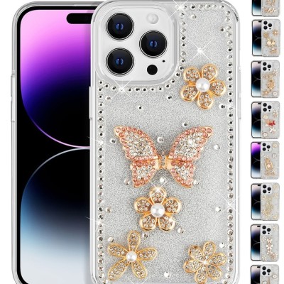 For iPhone 13 Pro Full Diamond with Ornaments Case Cover - Smoke Exquisite Garden