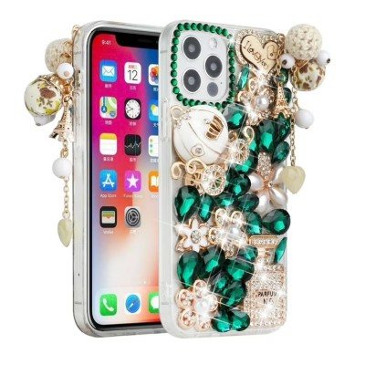 For iPhone 13 Pro Full Diamond with Ornaments Case Cover - Ultimate Multi Ornament Green