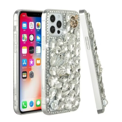 For iPhone 13 Pro Full Diamond with Ornaments Hard TPU Case Cover - Silver Swan Crown Pearl