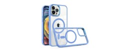 For iPhone 13 Pro Greatest Clear Acrylic [Magnetic Circle] ShockProof ToughThick Metal Button Hybrid - Light Blue