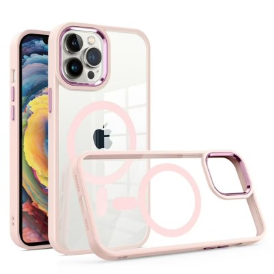 For iPhone 13 Pro Greatest Clear Acrylic [Magnetic Circle] ShockProof ToughThick Metal Button Hybrid - Light Pink