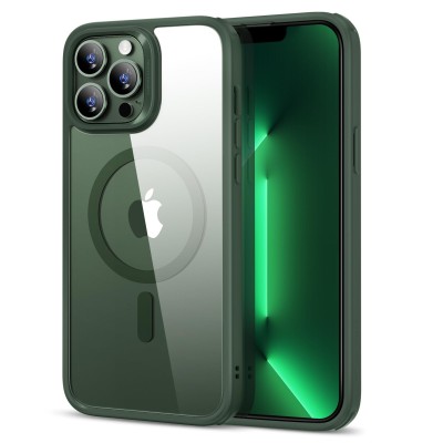 For iPhone 13 Pro Greatest Clear Acrylic [Magnetic Circle] ShockProof ToughThick Metal Button Hybrid - Midnight Green