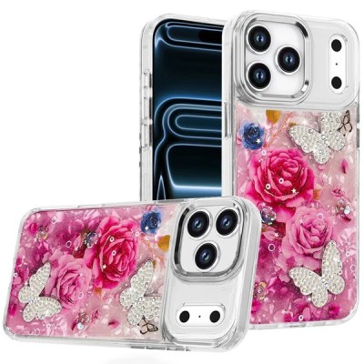 For iPhone 13 Pro Happy Glitter Epoxy Smile Butterfly Ornaments Hybrid Case Cover - Hot Pink