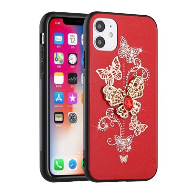 For iPhone 13 Pro Happy Glitter Epoxy Smile Butterfly Ornaments Hybrid Case Cover - Red