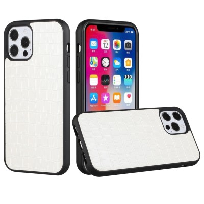 For iPhone 13 Pro Hard PU Leather Croc Design Hybrid Case Cover - White